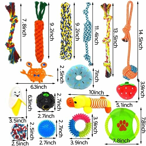 Set of colorful dog toys including ropes, plush, and chew toys with dimensions.