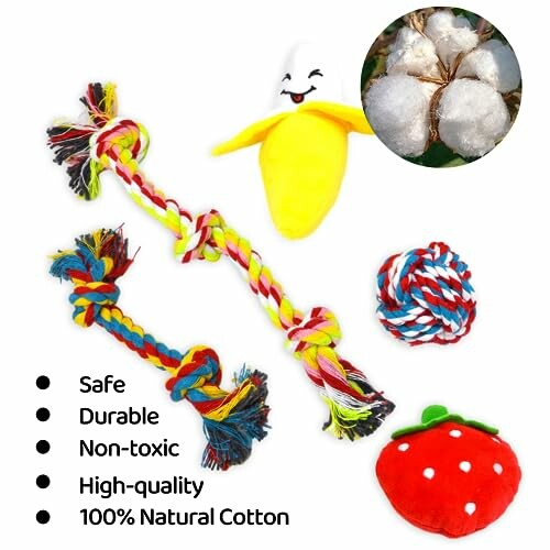 Colorful dog toys made from natural cotton with a banana plush and strawberry design.