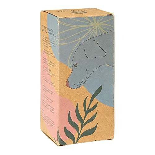 Decorative box with dog illustration and plant design.