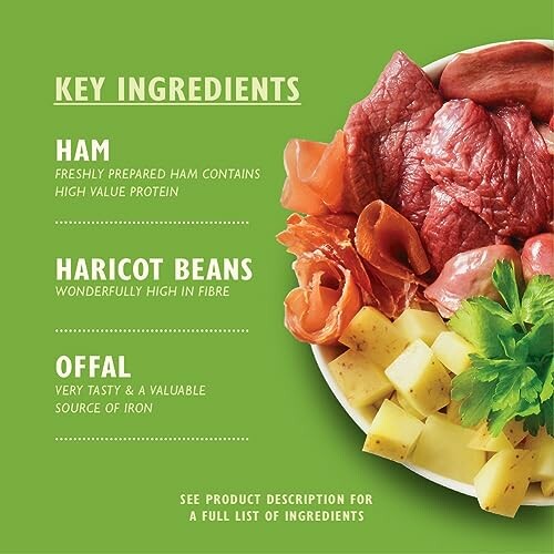 Key ingredients including ham, haricot beans, and offal on a green background.