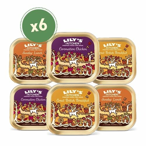 Assorted Lily's Kitchen dog food trays in a pack of six.