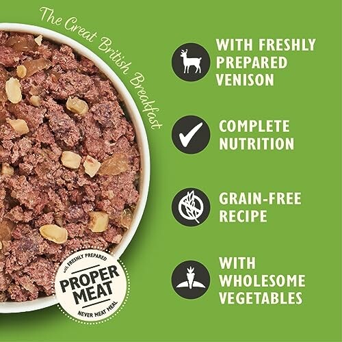 Dog food advertisement highlighting freshly prepared venison, complete nutrition, grain-free recipe, and wholesome vegetables.